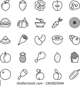 thin line vector icon set - measuring cup for feeding vector, deep plate with a spoon, burger, chicken leg, thigh, grill, cabbage, fried potato slices, omelette, blueberries, apple, peach, squash