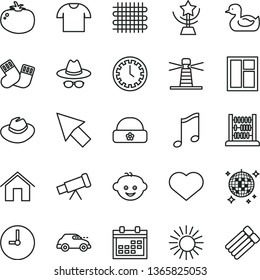 thin line vector icon set - heart symbol vector, calendar, clock face, hat, with glasses, rubber duck, warm socks, children's hairdo, abacus, window, home, wall, music, T shirt, tomato, weaving, sun