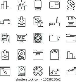 thin line vector icon set - floppy disk vector, folder, bar chart, graph, positive histogram, upload archive data, download, pass card, statistical research, financial report, radiator fan, hdd, sd