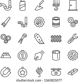 thin line vector icon set - hook vector, winch, trowel, adjustable wrench, hand saw, siphon, sewerage, ntrance door, gear, star, knife, paving slab, new radiator, tin, soda can, horseshoe magnet