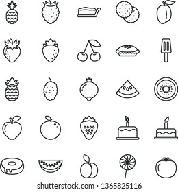 thin line vector icon set - cake vector, slice, with a hole, pie, lollipop, popsicle, strawberry, pineapple, apple, biscuit, cherry, red, raspberry, medlar, tasty, mulberry, water melon, ripe plum