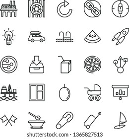 thin line vector icon set - spectacles vector, clockwise, baby carriage, safety pin, plates and spoons, packing of juice with a straw, window, put in box, passion fruit, slice lemon, water melon