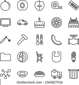 thin line vector icon set - bib vector, a chair for feeding child, iron fork spoons, measuring tape, hammer, delivery, torte, apple pie, plate of milk, half apricot, tasty, slice melon, tangerine