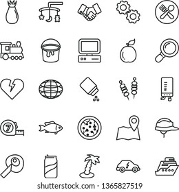 thin line vector icon set - toys over the cradle vector, baby powder, long meashuring tape, paint bucket, helmet, electronic boiler, broken heart, fried vegetables on sticks, pizza, fish, soda can