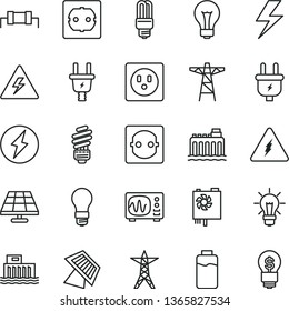 thin line vector icon set - lightning vector, danger of electricity, matte light bulb, saving, power socket type f, charge level, solar panel, hydroelectric station, hydroelectricity, line, pole