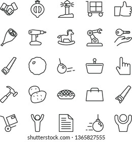 thin line vector icon set - cargo trolley vector, scribbled paper, small rocking horse, big core, drill, hand saw, arm, hammer with claw, index finger, thumb up, shipment, apple pie, cabbage, potato