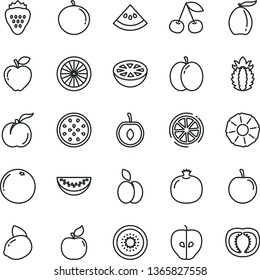 thin line vector icon set - strawberry vector, apple, cherry, ripe peach, pomegranate, apricot, red, tasty, loquat, water melon slice, tangerine, plum, half, yellow lemon, of kiwi, passion fruit