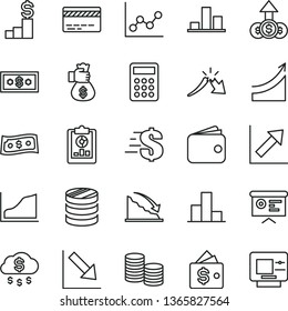 thin line vector icon set - bank card vector, dollar, bar chart, graph, growth, negative, coins, column of, recession, a crisis, statistical overview, wallet, calculator, financial report, rain, atm