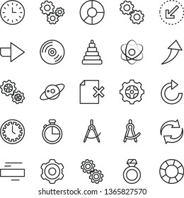 thin line vector icon set - clock face vector, right direction, renewal, minus, clockwise, stacking toy, cogwheel, left bottom arrow, timer, CD, delete page, gear, gears, scribed compasses, atom, up