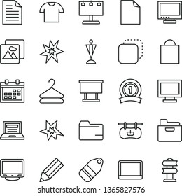 thin line vector icon set - laptop vector, monitor, window, calendar, paper bag, clean sheet of, scribbled, folder, picture, T shirt, hanger, label, copy, antique advertising signboard, pencil, bang