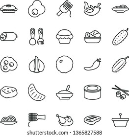 thin line vector icon set - plastic fork spoons vector, sausage, canned goods, onion, slices of, spaghetti, noodles, cake, pie, a bowl buckwheat porridge, lettuce in plate, chicken, chop, cabbage