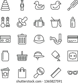 thin line vector icon set - bin vector, yardstick, grocery basket, bank card, dummy, measuring cup for feeding, bottle, baby powder, beanbag, electronic thermometer e, rubber duck, duckling, of soda