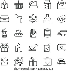thin line vector icon set - grocery basket vector, first aid kit, bag of a paramedic, e, packing juice with straw, box bricks, received letter, put in, drawer, gift, package, unpacking, tin, popcorn