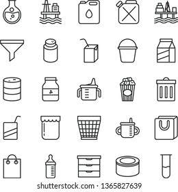 thin line vector icon set - wicker pot vector, bin, storage unit, mug for feeding, measuring cup, bottle, powder, e, packing of juice with a straw, bucket, bag handles, package, canned goods, jam