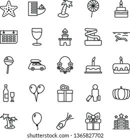 thin line vector icon set - colored air balloons vector, balloon, cake, gift, torte, birthday, Chupa Chups, lollipop, glass, pumpkin, wall calendar, sand castle, wine, champagne, car baggage, hotel