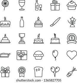 thin line vector icon set - tassel vector, colored air balloons, balloon, cake, birthday, heart, gift, Easter, muffin, slice, torte, lollipop, glass, bottle, giftbox, gold cup, star, ribbon, wine