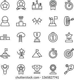 thin line vector icon set - stopwatch vector, pedestal, racer, winner, podium, prize, award, cup, star, reward, medal, man with flag, motivation, mountain, target, purpose, first place, pennant