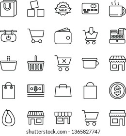 thin line vector icon set - paper bag vector, grocery basket, children's potty, cubes for children, cart, put in, crossed, with handles, kiosk, stick of sausage, cup tea, stall, shopping, dollar