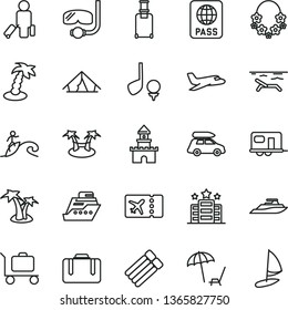 thin line vector icon set - passport vector, sand castle, plane, car baggage, camper, passenger, suitcase, rolling, ticket, tent, beach, arnchair under umbrella, palm tree, hawaii wreath, surfing