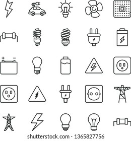 thin line vector icon set - lightning vector, danger of electricity, matte light bulb, saving, power socket type b, fan screw, charge level, charging battery, accumulator, line, pole, plug, electric