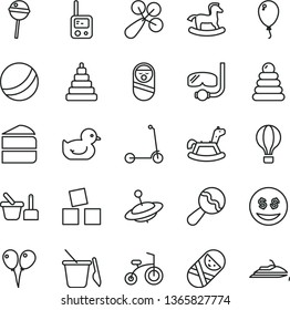 thin line vector icon set - beanbag vector, baby rattle, duckling, bath ball, stacking rings, toy, roly poly doll, tumbler, phone, sand set, children's, yule, rocking horse, small, balloon, jet ski