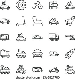 thin line vector icon set - truck lorry vector, Baby chair, motor vehicle present, toy train, tricycle, child Kick scooter, car, delivery, eco, environmentally friendly transport, electric, retro