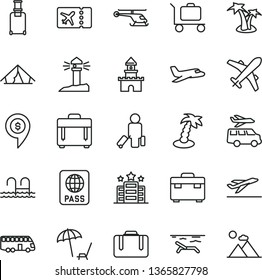 thin line vector icon set - suitcase vector, case, passport, coastal lighthouse, sand castle, helicopter, dollar pin, plane, bus, passenger, rolling, ticket, departure, tent, beach, palm tree, pool