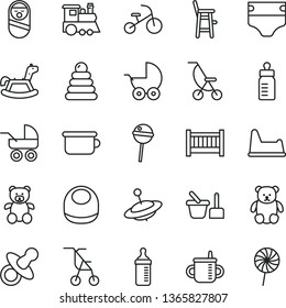 thin line vector icon set - baby cot vector, dummy, mug for feeding, bottle, measuring, diaper, bib, stroller, carriage, summer, sitting, stacking rings, roly poly doll, toy sand set, chair, a child