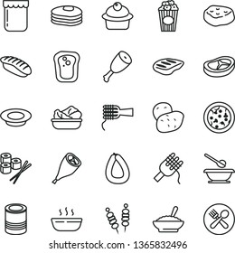 thin line vector icon set - plates and spoons vector, stick of sausage, tin, fried vegetables on sticks, pizza, spaghetti, noodles, muffin, a bowl buckwheat porridge, hot, lettuce in plate, milk