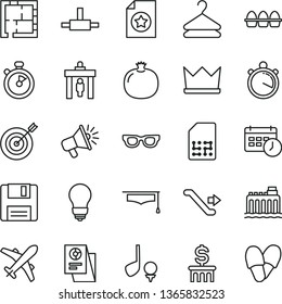 thin line vector icon set - laying out vector, bulb, hanger, bundle of eggs, pomegranate, hydroelectricity, SIM, loudspeaker, statistical research, connect, floppy, schedule clock, glasses, target