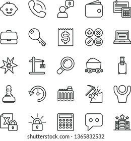thin line vector icon set - laptop vector, children's hairdo, calculation, key, math actions, coal mining, hydroelectricity, Construction crane, trolley with, briefcase, financial item, wallet, bang
