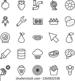 thin line vector icon set - cloud vector, lens, plate, bacon, French fries, strawberry, pear, medlar, half of orange, slice pineapple, potato, big solar panel, water pipes, barrel, repair key, brain