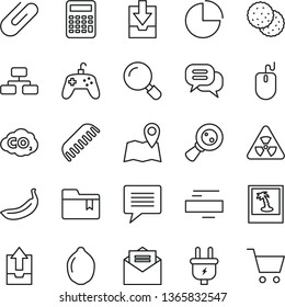 thin line vector icon set - image of thought vector, minus, pie chart, upload archive data, download, folder bookmark, comb, received letter, magnifier, flowchart, clip, biscuit, banana, lime, plug