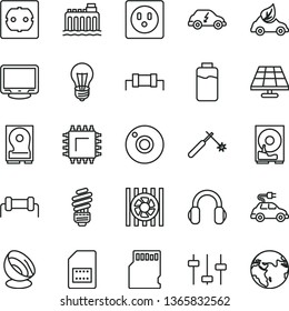 thin line vector icon set - camera vector, saving light bulb, power socket type f, charge level, solar panel, hydroelectricity, eco car, electric, transport, smd, welding, SIM card, radiator fan, sd