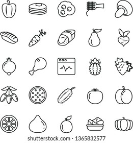 thin line vector icon set - cardiogram vector, noodles, porcini, lettuce in a plate, chicken leg, sushi, japanese, omelette, pancakes, apple, branch of grape, fig, medlar, goji berry, juicy lemon