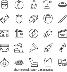 thin line vector icon set - tassel vector, movie cracker, nappy, car child seat, funny hairdo, children's tracks, adjustable wrench, drill, paint bucket, roller, plastic brush, piece of cheese, pie