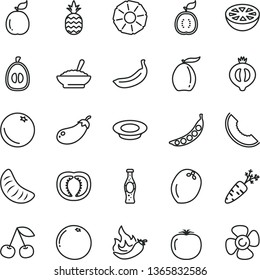 thin line vector icon set - a bowl of buckwheat porridge vector, plate milk, bottle soda, pineapple, orange, cherry, half medlar, slice melon, loquat, tangerine, banana, guava, guawa, coconut, peas