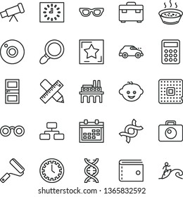 thin line vector icon set - camera vector, calendar, clock face, purse, children's hairdo, new roller, suitcase, interroom door, writing accessories, flowchart, porridge in a saucepan, retro car