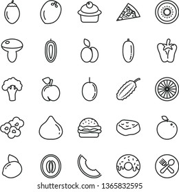 thin line vector icon set - piece of pizza vector, burger, mushroom, muffin, glazed cake with a hole, meat, peper, popcorn, apple, peach, fig, slice melon, half, date fruit, passion, sweet, kiwi
