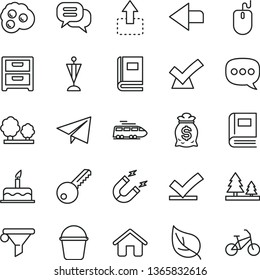 thin line vector icon set - left direction vector, paper airplane, cake, house, bucket, key, nightstand, move up, omelette, leaf, trees, forest, magnet, water filter, speech, mouse, book, pennant
