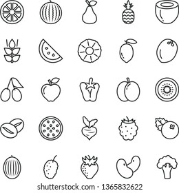 thin line vector icon set - peper vector, coffee beans, blueberries, a pineapple, pear, orange slice, mint, apple, red, strawberry, cornels, blackberry, tasty mulberry, melon, water, lemon, juicy