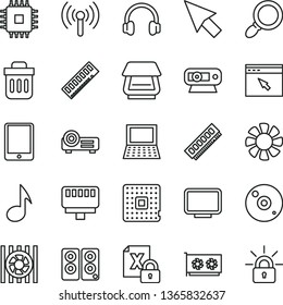 thin line vector icon set - processor vector, tablet pc, notebook, fan, radiator, encrypting, cpu, memory, gpu card, monitor, web camera, cd, scanner, headphones, speaker, browser, trash bin, note