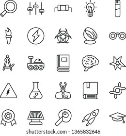 thin line vector icon set - vector e, flask, test tube, electricity, glasses, zoom, dna, bulb, brain, settings, book, biohazard, scientist, drawing compass, artifical insimination, medal, sun panel