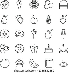 thin line vector icon set - cake vector, muffin, piece of, torte, with a hole, peper, Chupa Chups, popsicle, cone, jam, strawberries, pineapple, apple, honeycombs, half apricot, grape, quince