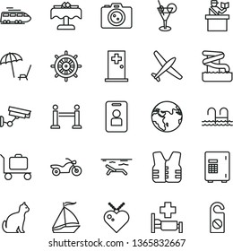 thin line vector icon set - earth vector, plane, train, sail boat, motorcycle, rope barrier, passort control, beach, arnchair under umbrella, cocktail, pool, aquapark, hospital bed, medical room