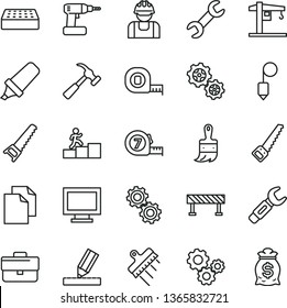 thin line vector icon set - monitor window vector, briefcase, clean paper, crane, cordless drill, hand saw, arm, measuring tape, long meashuring, wooden paint brush, drawing, brick, plummet, spatula