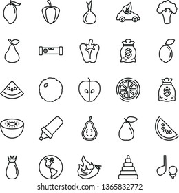 thin line vector icon set - stacking toy vector, construction level, cabbage, peper, pear, tasty apple, rose hip, slice of water melon, mango, kiwi, sour lime, lemon, part guava, ripe pepper, hot