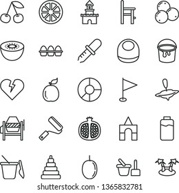 thin line vector icon set - pennant vector, baby bib, stacking toy, sand set, children's, a chair for feeding, small yule, box of bricks, concrete mixer, paint bucket, new roller, broken heart, kiwi