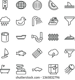 thin line vector icon set - baby duckling vector, bath, rainy cloud, shower, sewerage, new radiator, boiler, storm, small fish, a glass of tea, water melon, slice, pipes, filter, globe, aquapark