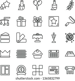 thin line vector icon set - toys over the cradle vector, colored air balloons, window, new roller, color samples, plastic brush, wooden paint, tile, paving slab, gift, muffin, piece of cake, weaving